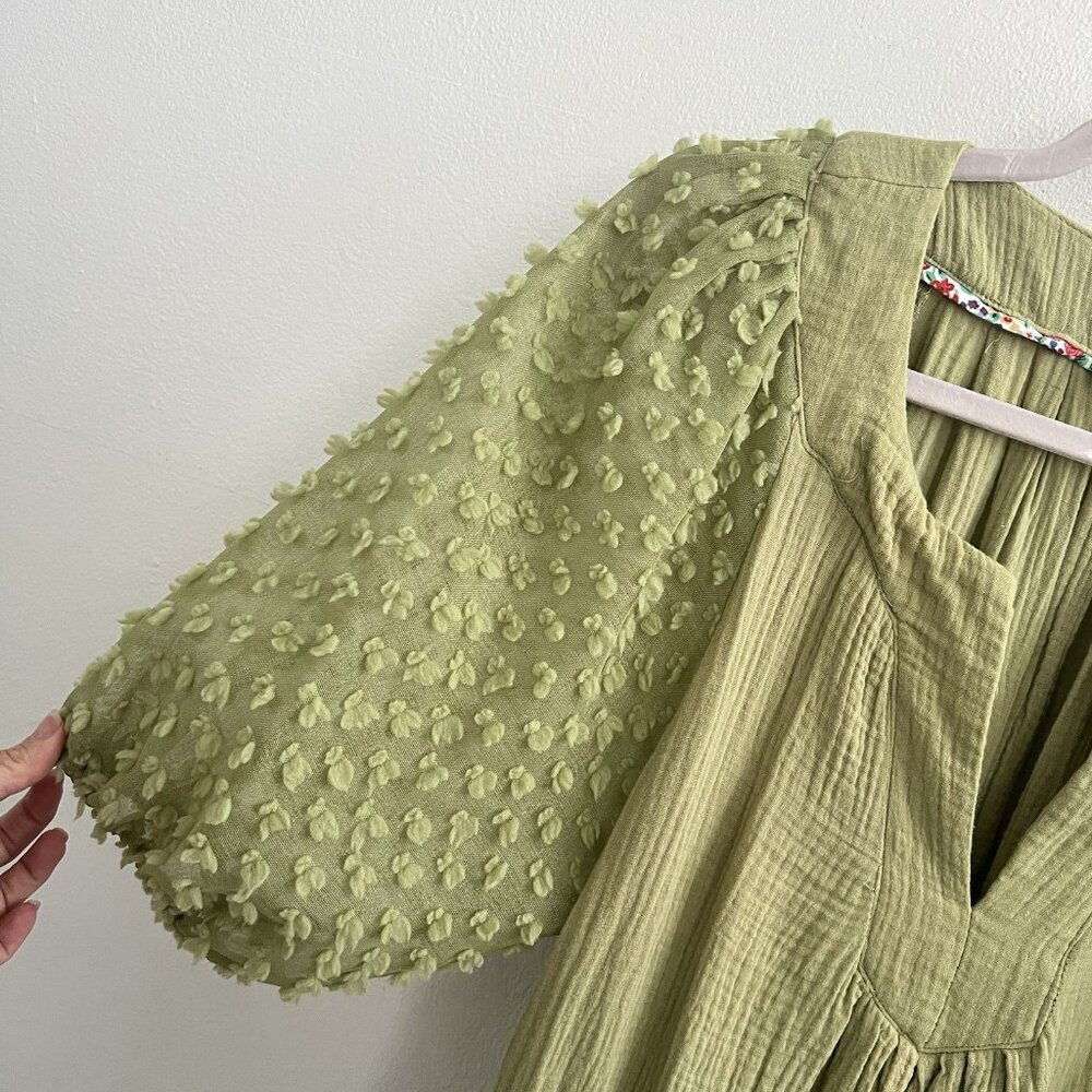 NEW Umgee Olive Green Mini Dress Puff Sleeve Swiss Dot MEDIUM Boho - Picture 10 of 15